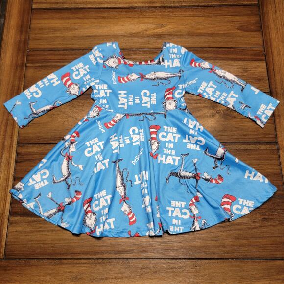 Dr. Seuss Girls Cat In The Hat LS Blue Dress - Size Small - Picture 1 of 4